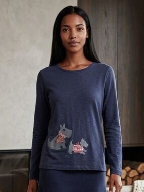 EUC Talbots Women’s Navy Blue Long Sleeve Crew Neck Scotty Dog Motif - Size M